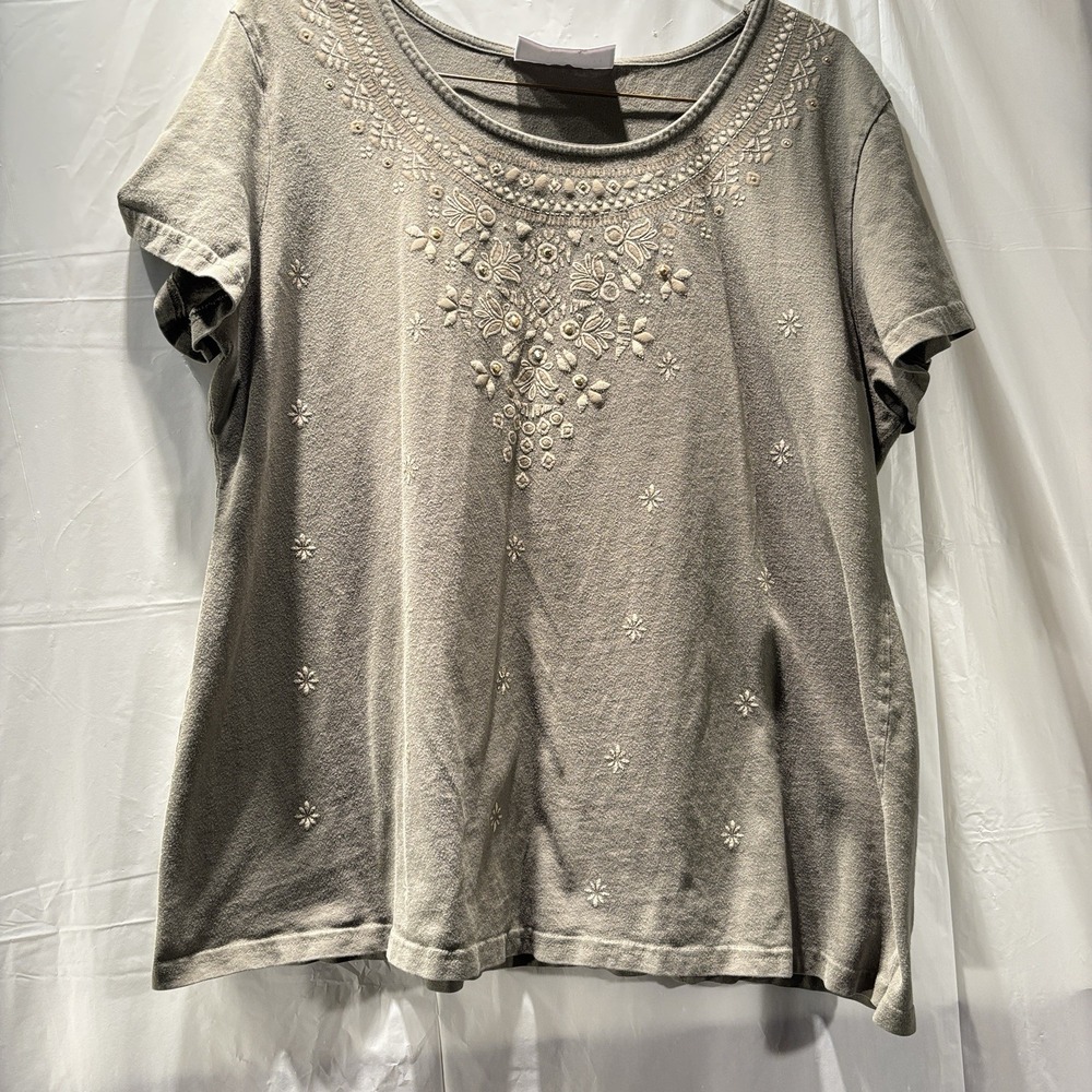 Karen Scott Womens Size Large Blouse Olive W/ Flowers & Rhinestones Design